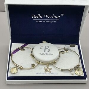 Bella Perlina Bracelet‎ Set Of 3 Gold Tone Sea Life Charm Bangle Womens Jewelry